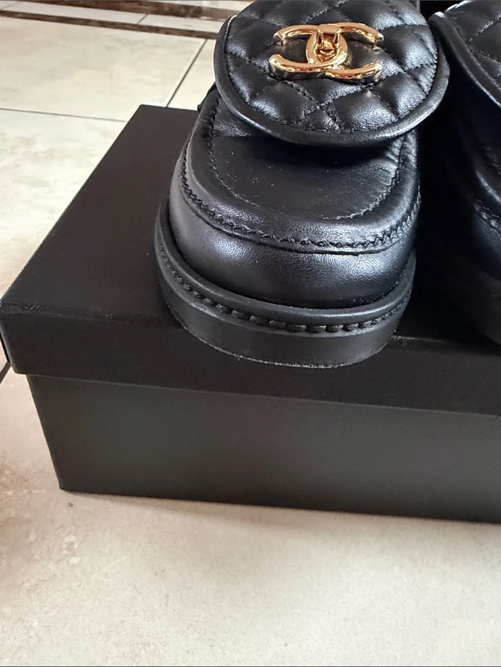 CHANEL Black Quilted Leather Loafers with Gold CC Hardware